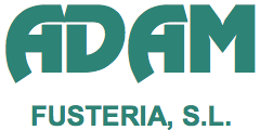 Logotipo de Adam Fusteria S.L. en color verde azulado sobre fondo blanco, mostrando el nombre de la empresa.